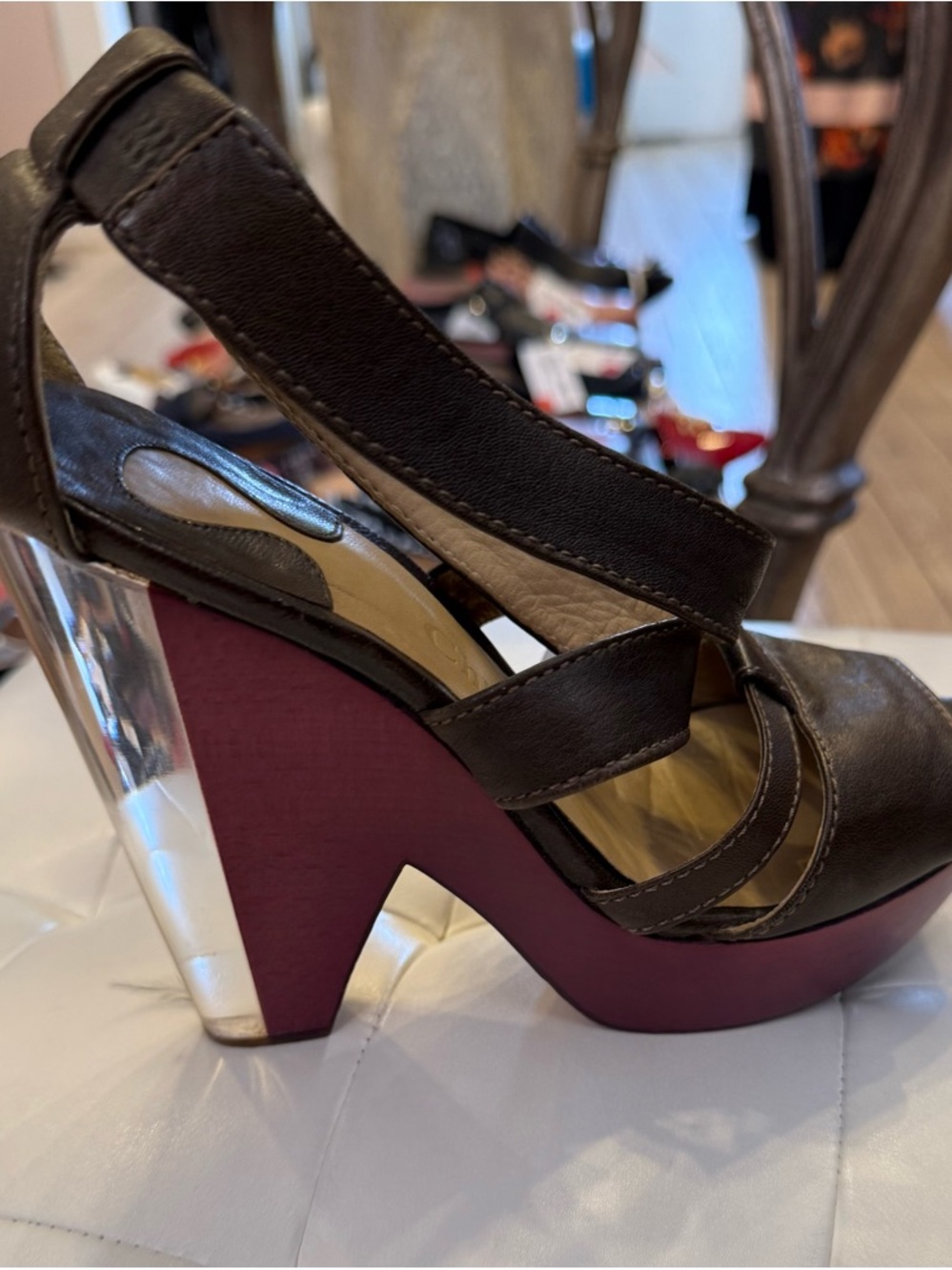 Chloe Brown Leather Slingback Platforms with Burgundy Wedge